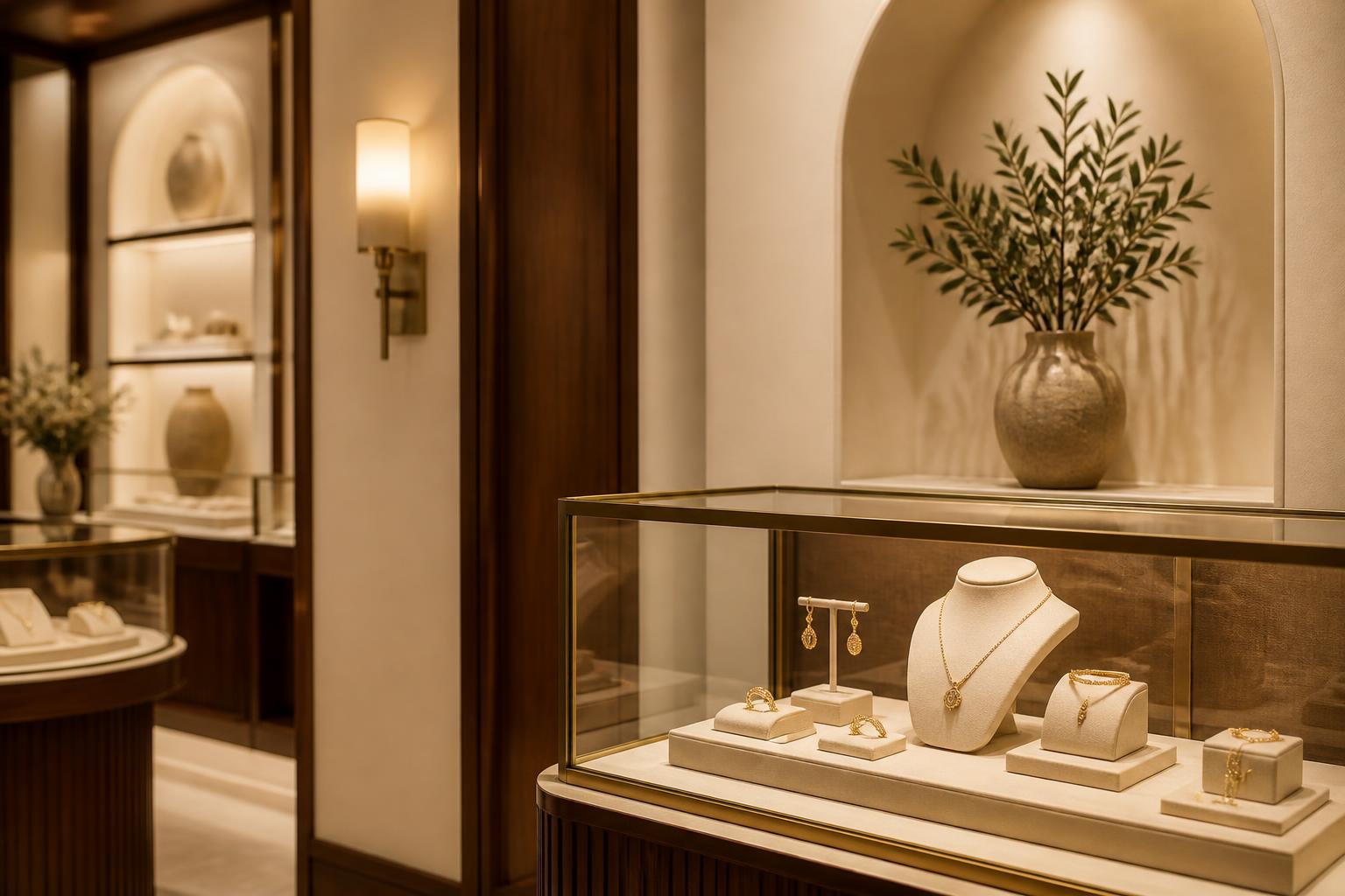 Elegant jewellery boutique interior with warm wood and a glass display case