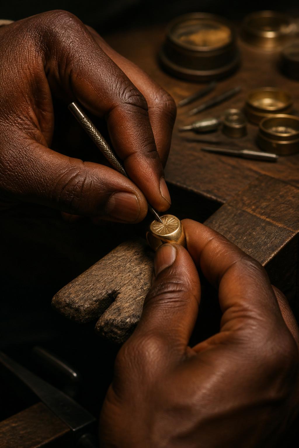 Jeweller working on a handcrafted gold ring at a workbench